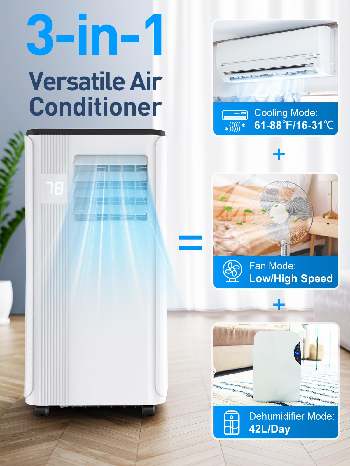 Portable Air Conditioners - 2025 Upgraded 10000 BTU Portable AC for Room up to 450 Sq. Ft, 3 in 1 AC Unit with 24H Timer, Smart Sleep Mode, Remote Control, Air Cooler for Bedroom Kitchen Small-Rooms