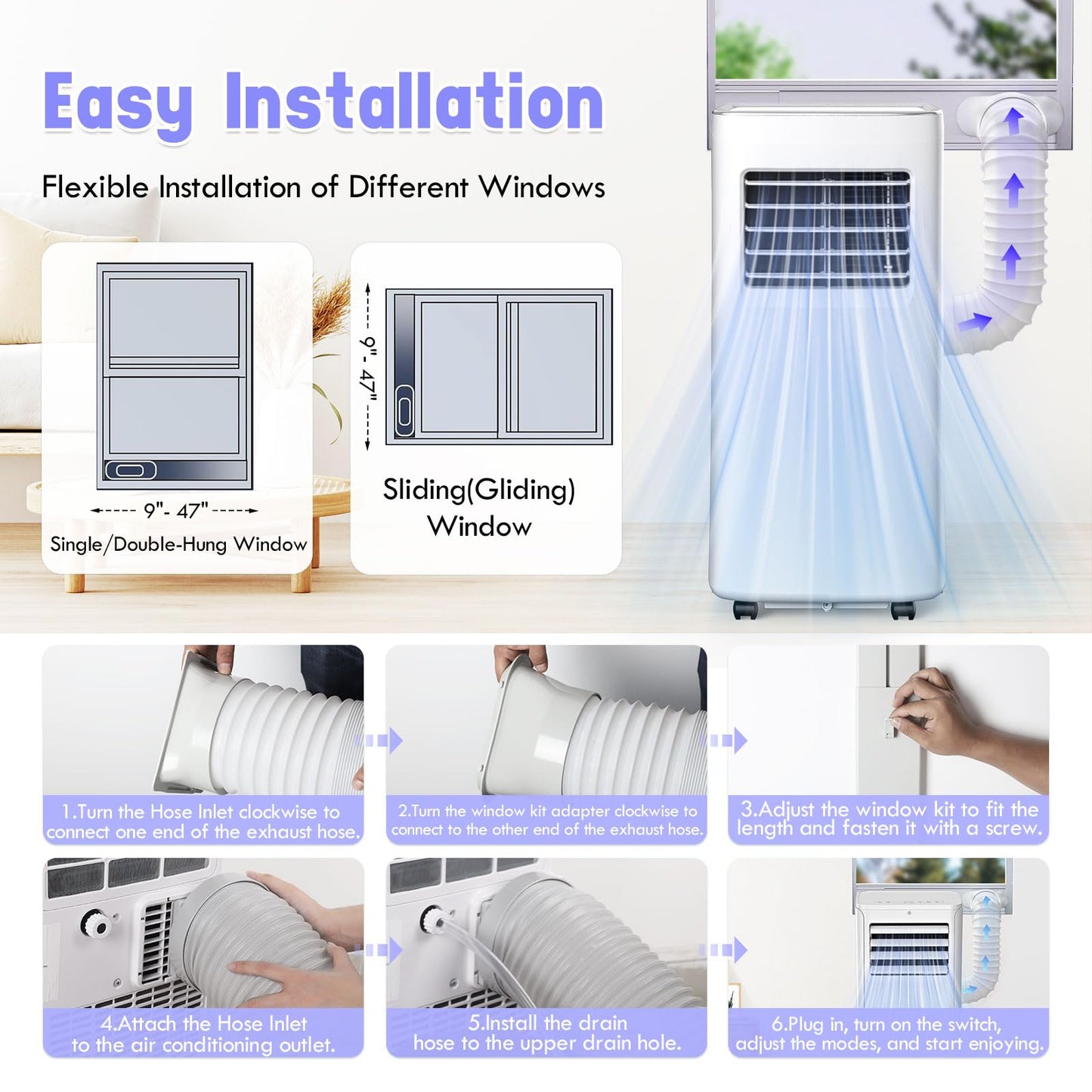 Spürbar 8500BTU Portable Air Conditioner 3-IN-1 with Fan&Dehumidifier AC unit with LED Remote Control up to 450 sq.ft. Room Air Conditioner with Sleep Mode,24H Timer,2 speed,Auto-evaporativ.