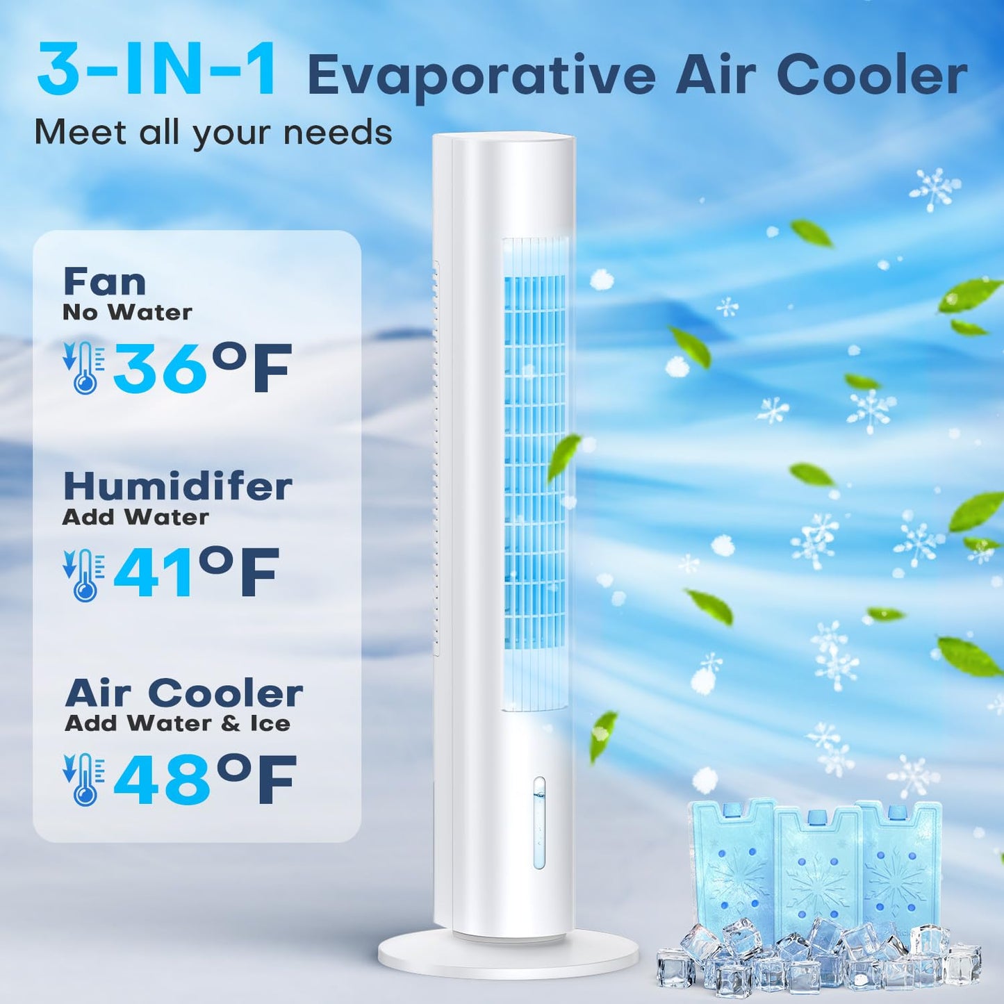 MYICY Evaporative Air Cooler, 35" Windowless Air Conditioner Portable w/3 Speeds, 25ft Remote, Smart Timer & Water Tank, Portable Air Conditioners No Windows Needed, 90°Oscillating AC Unit for Room
