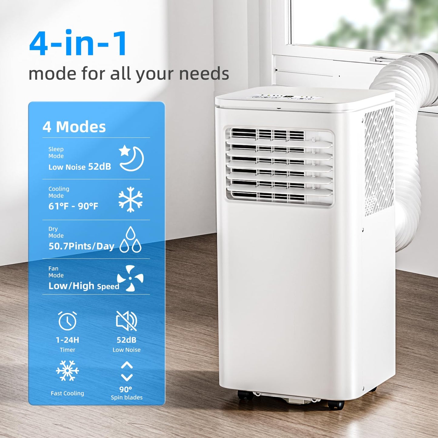 Portable Air Conditioner 8000 BTU, Remote Control, Fan Mode, Cools 350sq. ft, 24 Hour Timer, Quiet Operation,Window, 2 Fan Speed for Bedroom Office Home Dorm