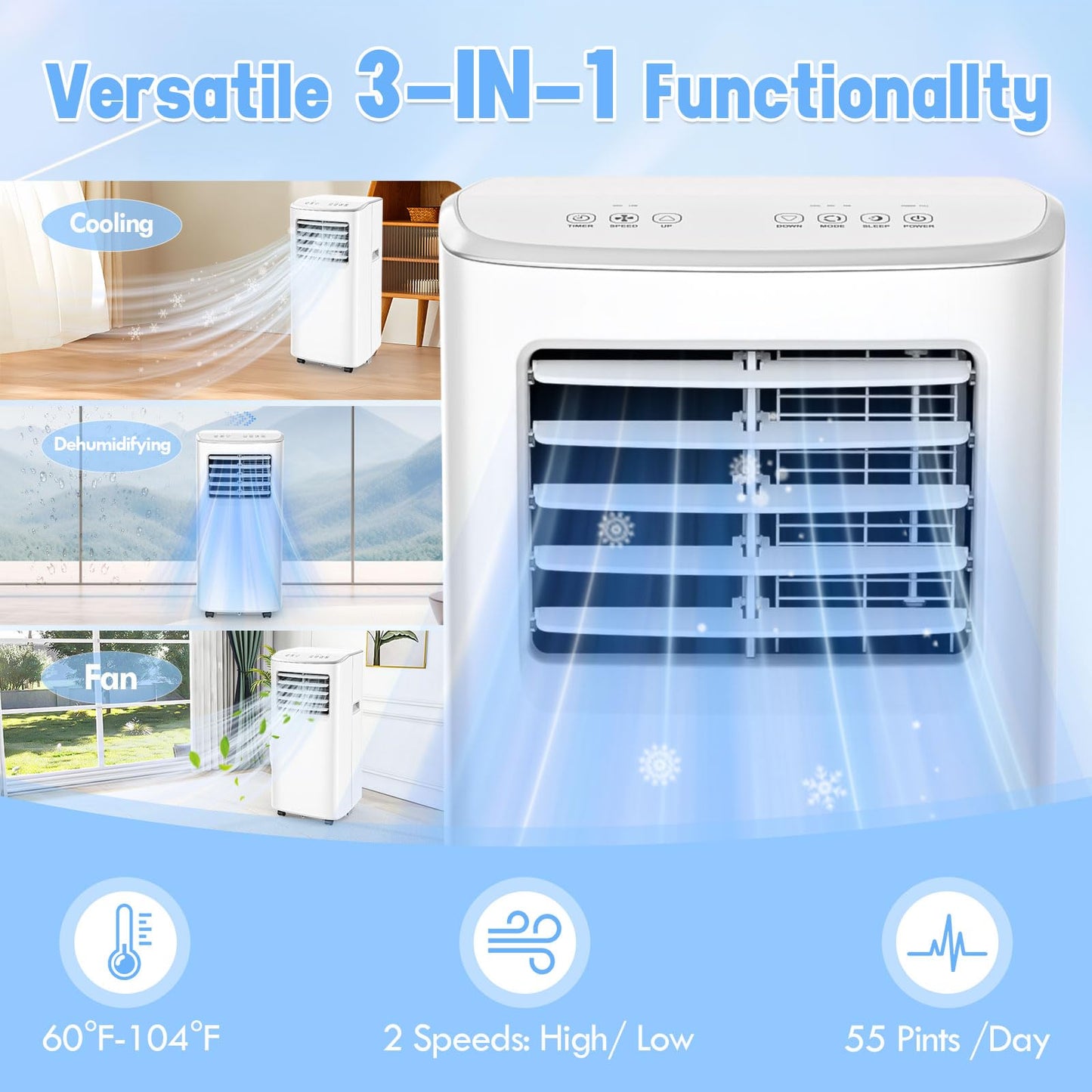 Spürbar 8500BTU Portable Air Conditioner 3-IN-1 with Fan&Dehumidifier AC unit with LED Remote Control up to 450 sq.ft. Room Air Conditioner with Sleep Mode,24H Timer,2 speed,Auto-evaporativ.