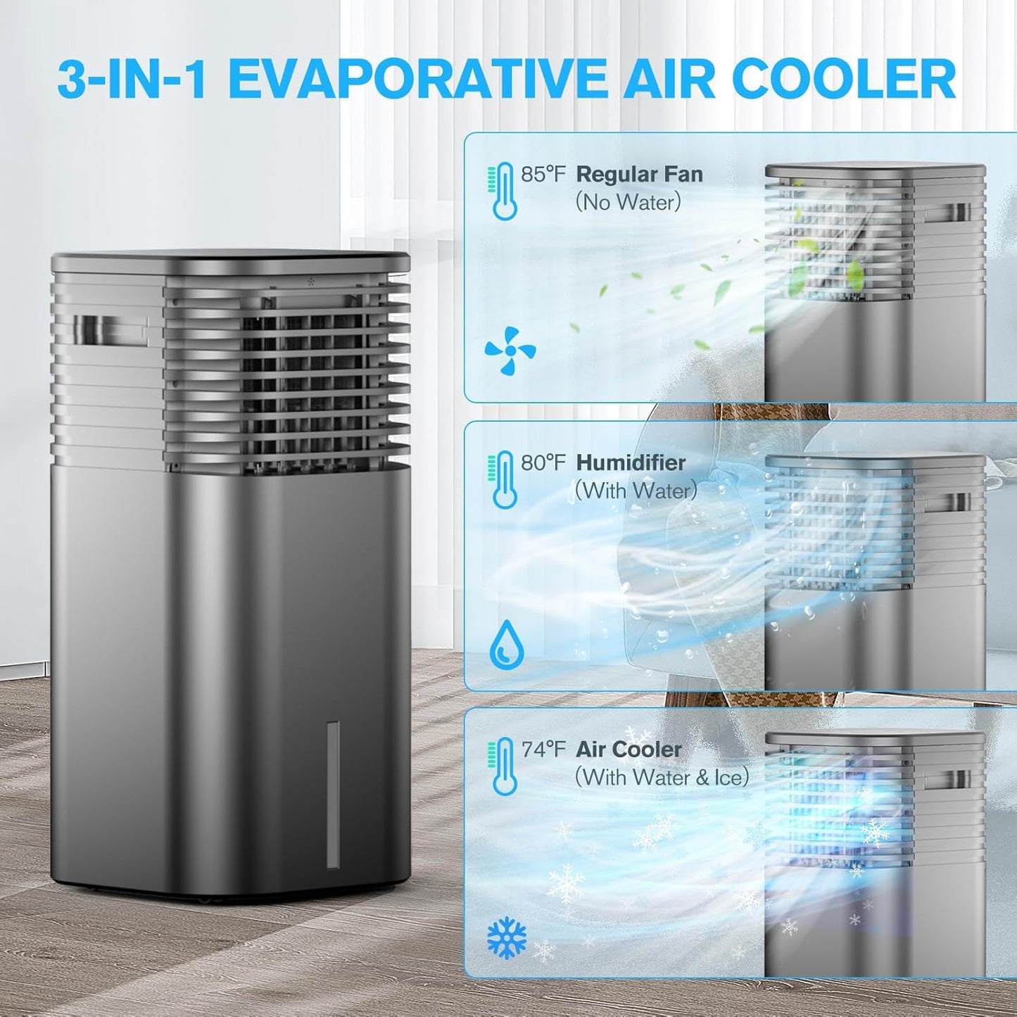 24" Windowless Portable Air Conditioner, 15H Timer & 120°Oscillation, 3-IN-1 Portable AC Unit with Remote, 2-Gal Tank, 3 Modes & 3 Speeds, Ultra-Quiet Ventless Swamp Cooler for Home Office, Onyx
