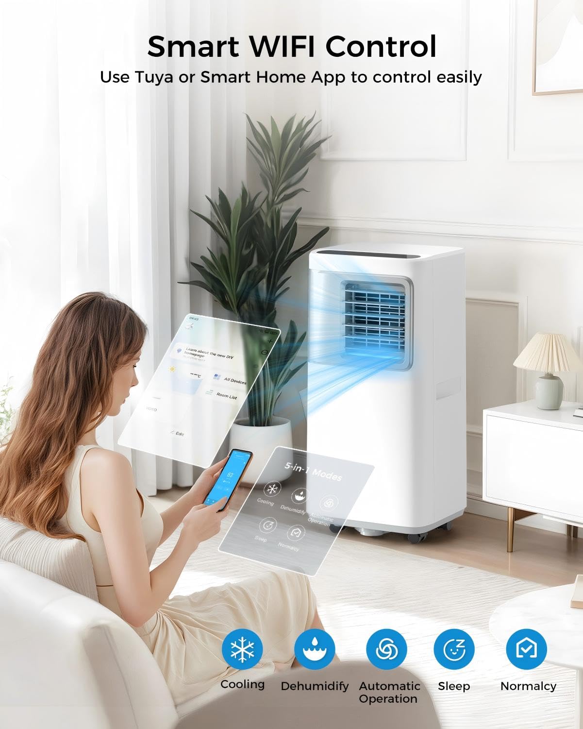 Portable Air Conditioners 16,000 Btu AC Unit 5 in 1 Wifi Smart Air Conditioner with APP, Fan & Dehumidifier, Remote, 24H, Window Kits Included Cooling for Large Room Indoor