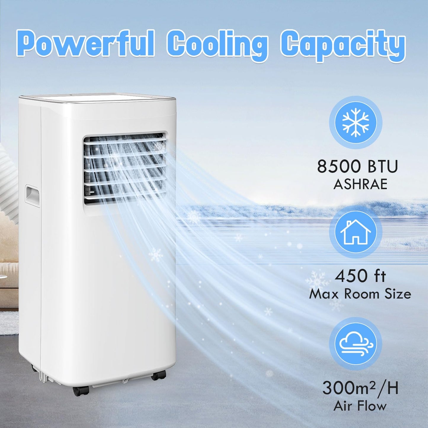 Spürbar 8500BTU Portable Air Conditioner 3-IN-1 with Fan&Dehumidifier AC unit with LED Remote Control up to 450 sq.ft. Room Air Conditioner with Sleep Mode,24H Timer,2 speed,Auto-evaporativ.