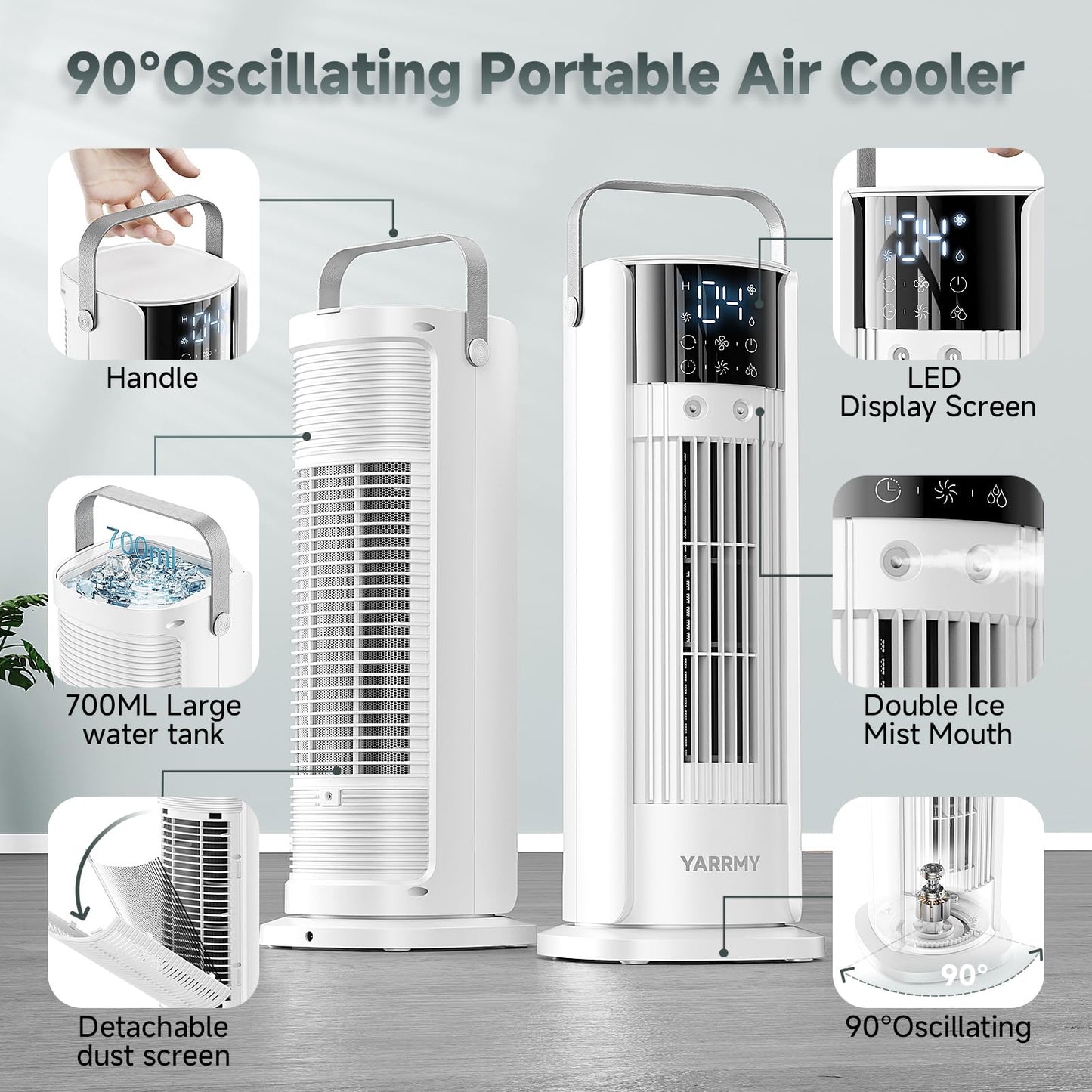 Portable Air Conditioner - 90° Oscillating Tower Fan with Remote, 16" Evaporative Air Cooler with 4 Wind Speeds/Digital Touch Screen/Cool Mist/2-10H Timer - Cooling fan Air Conditioner for Room Office
