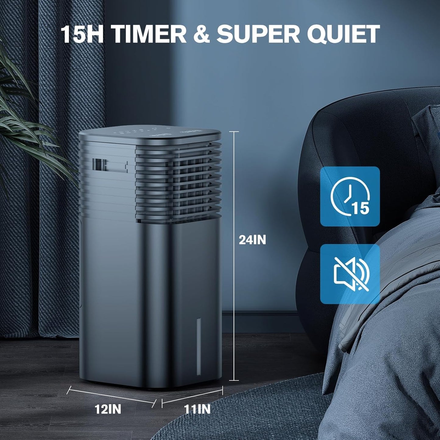 24" Windowless Portable Air Conditioner, 15H Timer & 120°Oscillation, 3-IN-1 Portable AC Unit with Remote, 2-Gal Tank, 3 Modes & 3 Speeds, Ultra-Quiet Ventless Swamp Cooler for Home Office, Onyx
