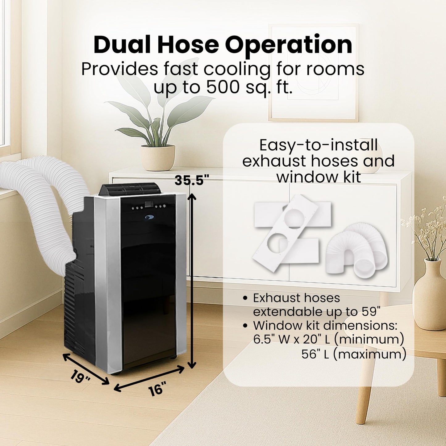 Whynter Portable Air Conditioner 14,000 BTU with Dual Hose Dehumidifier & Cooling Fan for 500 Sq Ft Rooms, Includes AC Unit Window Kit, ARC-14S (9,500 SACC)