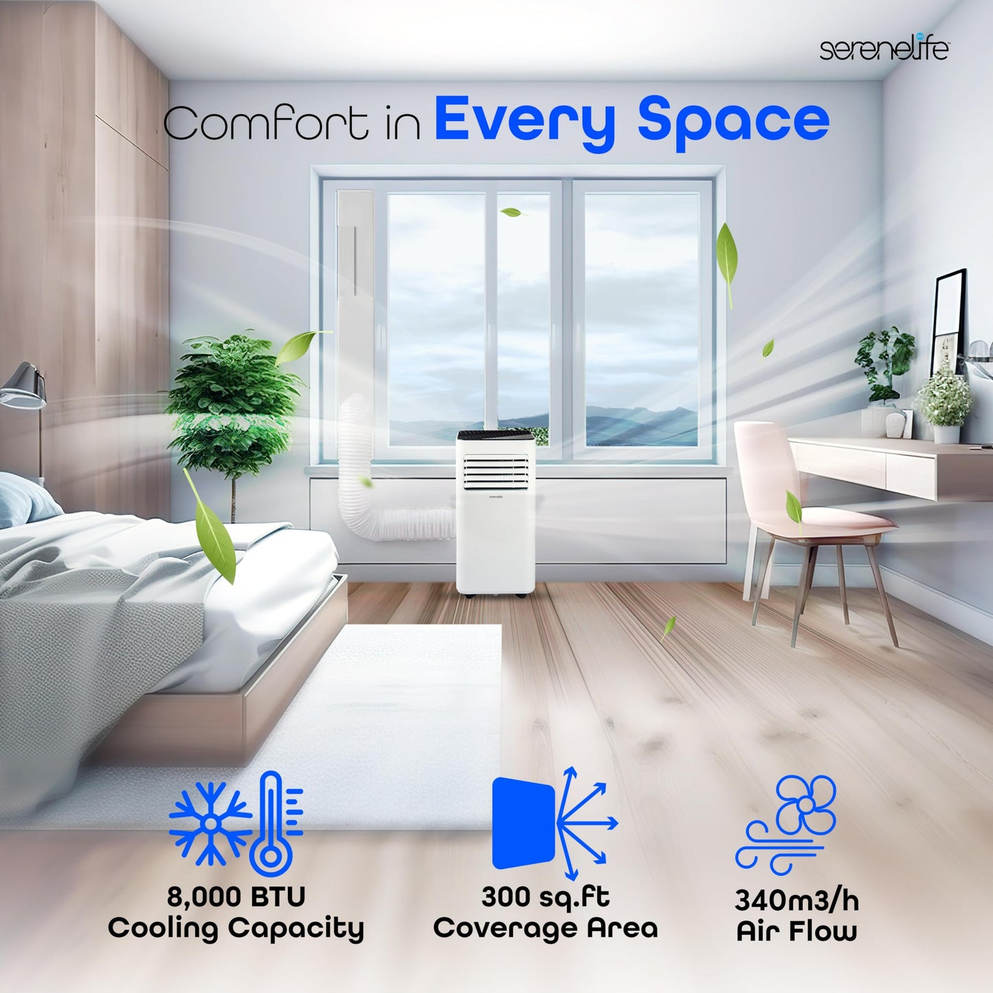 SereneLife SLPAC180W Portable Conditioner-3-in-1 Compact Standing Air Conditioner for Room Up to, Floor AC Unit with Remote Control, Universal Casters, Window Mount Kit