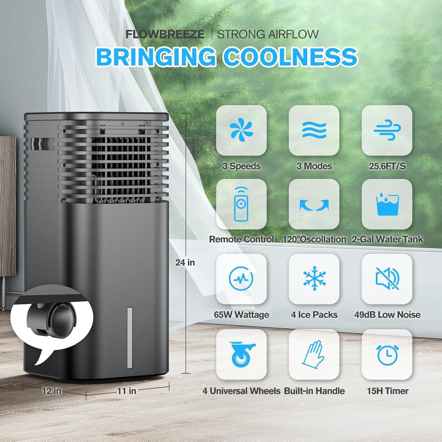 24" Windowless Portable Air Conditioner, 15H Timer & 120°Oscillation, 3-IN-1 Portable AC Unit with Remote, 2-Gal Tank, 3 Modes & 3 Speeds, Ultra-Quiet Ventless Swamp Cooler for Home Office, Onyx