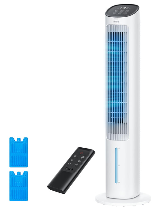 Dreo Evaporative Air Cooler, 40” Standing Fans that Blow Cold Air, 80° Oscillating Bladeless Cooling Fan for Bedroom, Swamp Cooler, Removable Water Tank, Ice Pack, Remote, 3 Mode 4-Speed, White