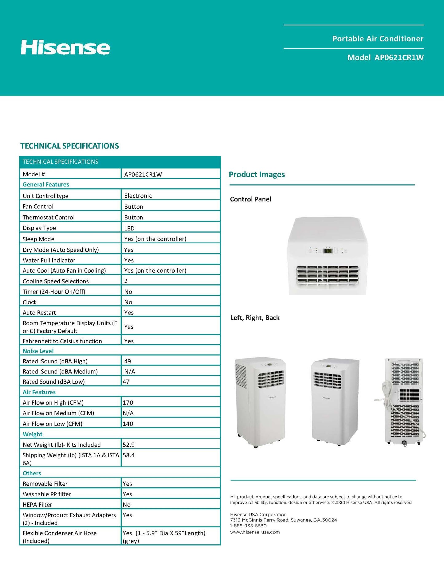 Hisense Portable Air Conditioner 6,000 BTU Cooling Dehumidifier Fan for Smaller Room up to 250 sq ft, Remote Control, White (Renewed)