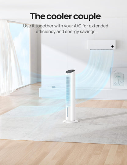 Dreo Evaporative Air Cooler, 40” Standing Fans that Blow Cold Air, 80° Oscillating Bladeless Cooling Fan for Bedroom, Swamp Cooler, Removable Water Tank, Ice Pack, Remote, 3 Mode 4-Speed, White
