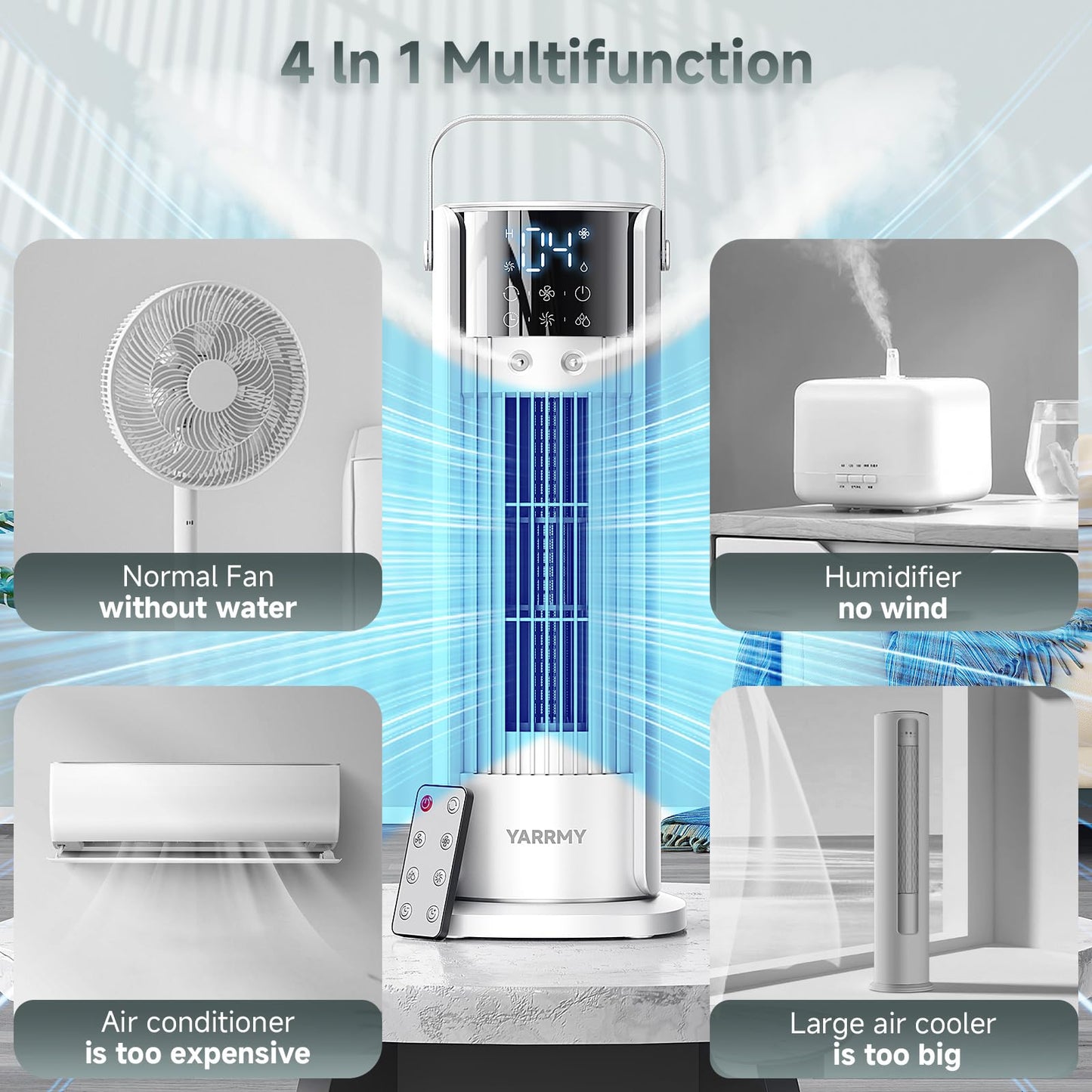 Portable Air Conditioner - 90° Oscillating Tower Fan with Remote, 16" Evaporative Air Cooler with 4 Wind Speeds/Digital Touch Screen/Cool Mist/2-10H Timer - Cooling fan Air Conditioner for Room Office