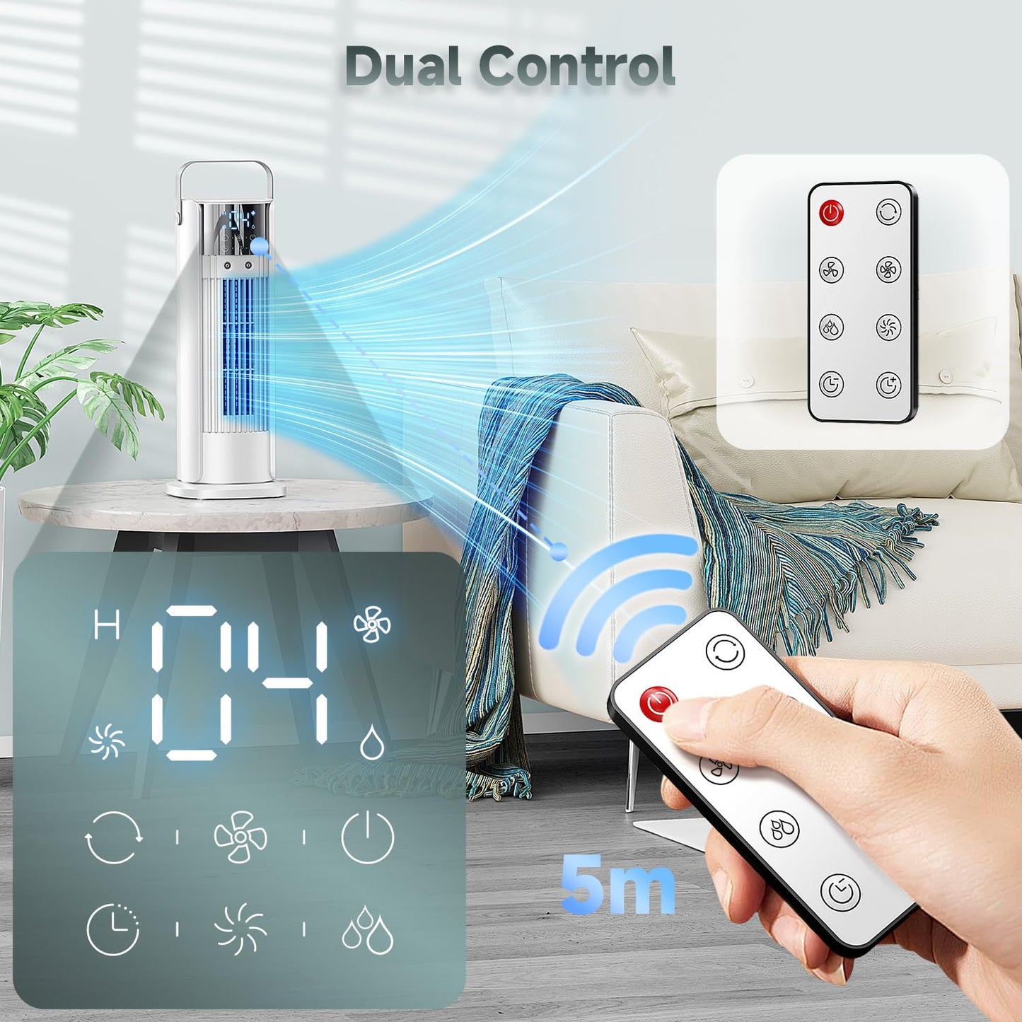 Portable Air Conditioner - 90° Oscillating Tower Fan with Remote, 16" Evaporative Air Cooler with 4 Wind Speeds/Digital Touch Screen/Cool Mist/2-10H Timer - Cooling fan Air Conditioner for Room Office