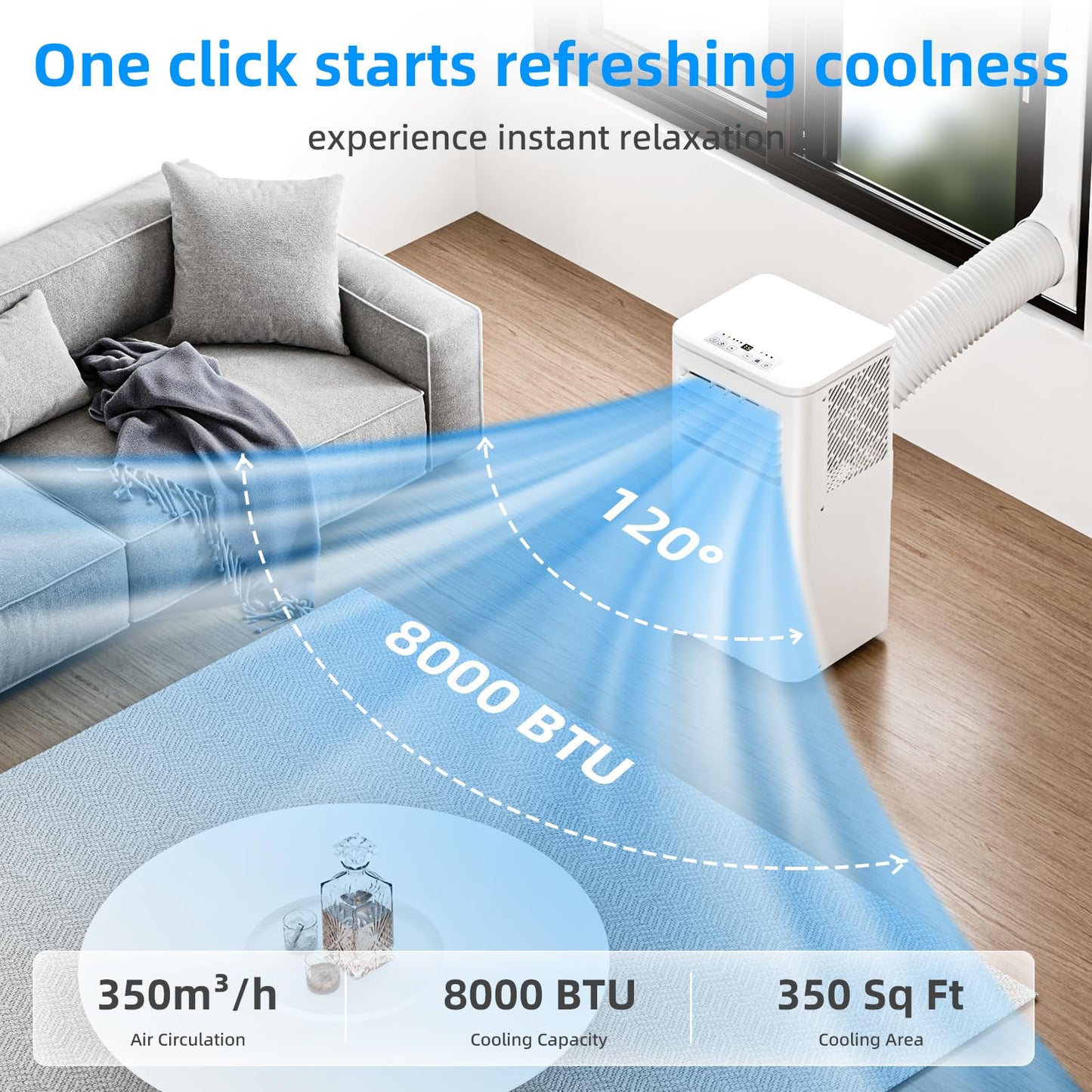 Portable Air Conditioner 8000 BTU, Remote Control, Fan Mode, Cools 350sq. ft, 24 Hour Timer, Quiet Operation,Window, 2 Fan Speed for Bedroom Office Home Dorm